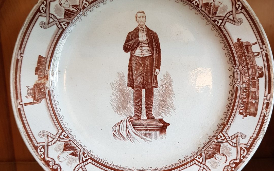 1875 commemorative plate featuring Joseph Pease’s Statue