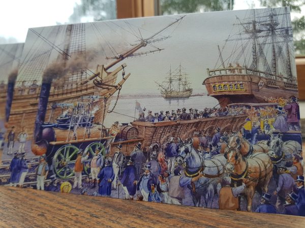 Set of 6 greetings cards - Locomotion No.1 arrives at Stockton's quayside on the Opening Day of the S&DR